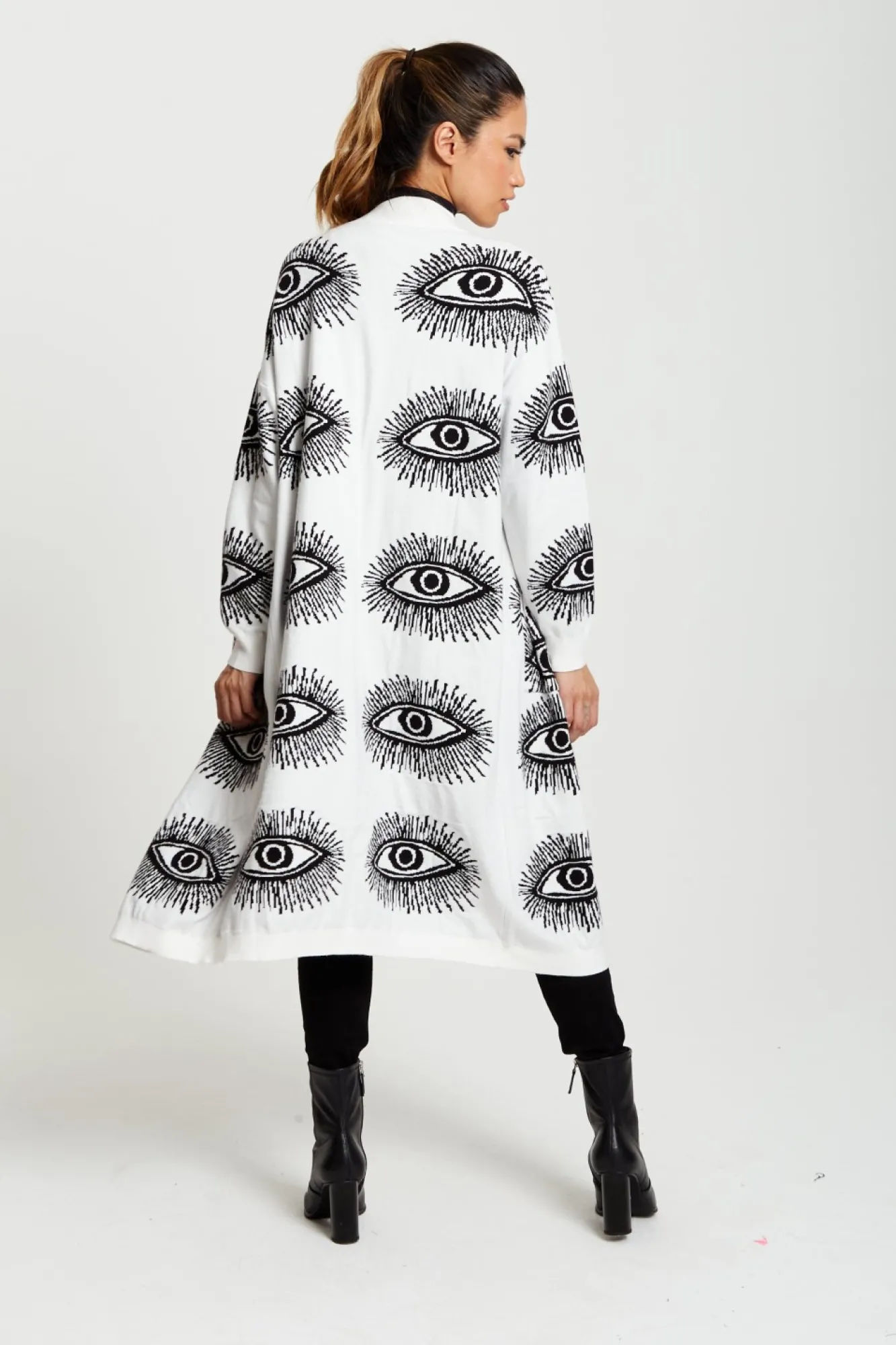 Cardigans^Liquorish Eye Pattern Longline Cardigan In White