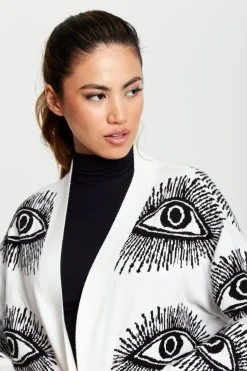 Cardigans^Liquorish Eye Pattern Longline Cardigan In White