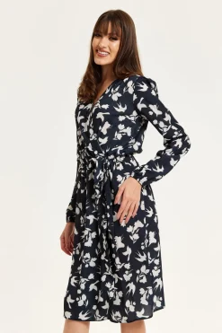 Midi Dresses^Liquorish Floral And Bird Print Midi Fake Wrap Dress In Black