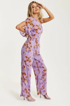 Jumpsuits^Liquorish Floral Asymmetrical Jumpsuit Purple
