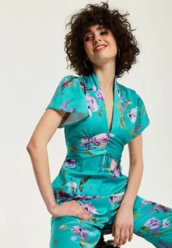 Jumpsuits^Liquorish Floral Jumpsuit With Short Sleeves Green