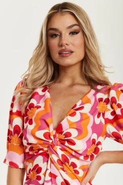 Midi Dresses^Liquorish Floral Knot Front Midi Dress In Orange And Pink Multicolour