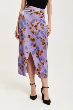 Skirts^Liquorish Floral Midi Skirt With Ruching Detail Purple