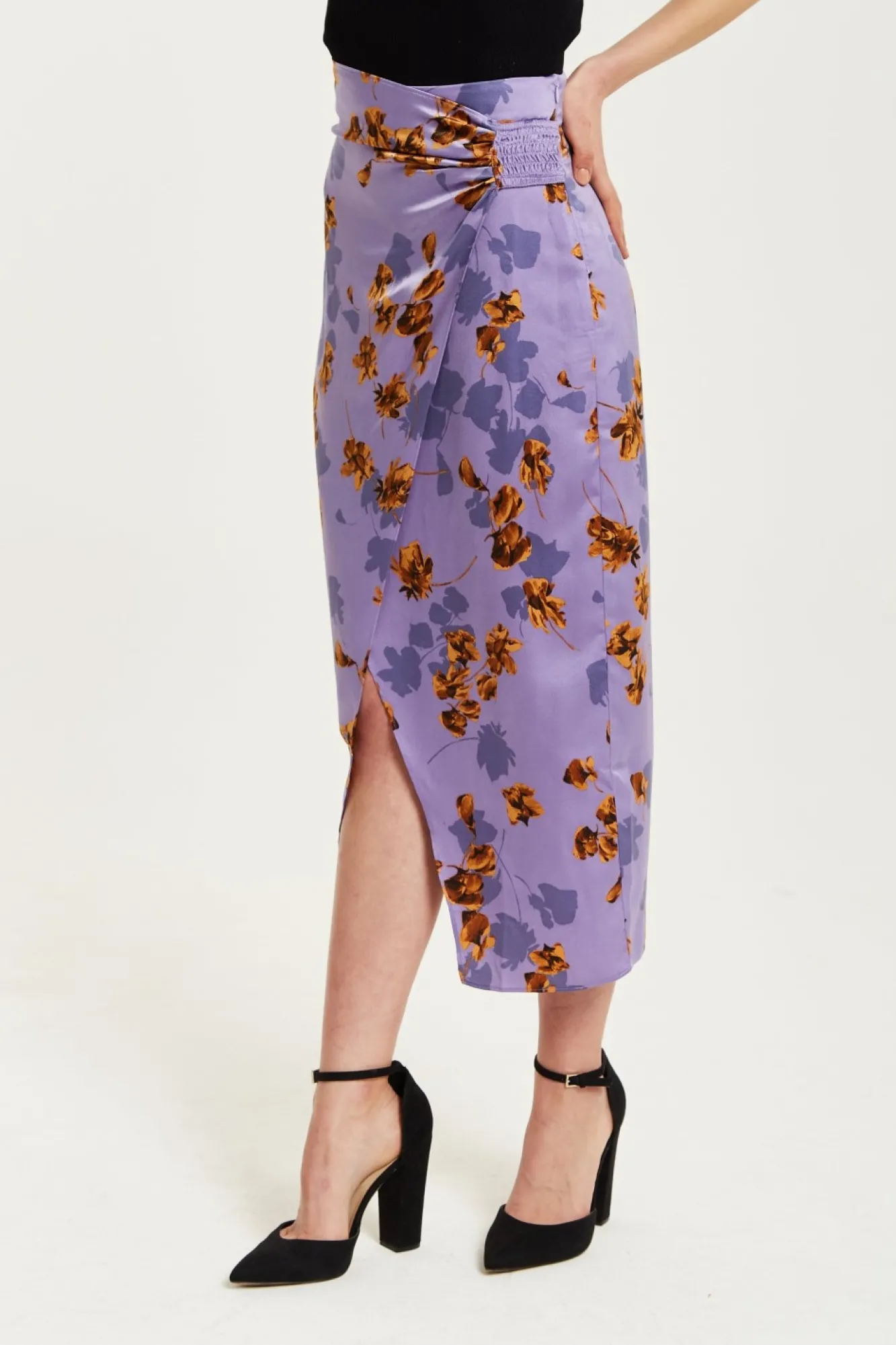 Skirts^Liquorish Floral Midi Skirt With Ruching Detail Purple