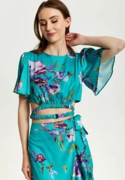 Crop Tops^Liquorish Floral Print Crop Top With Tie Details Green