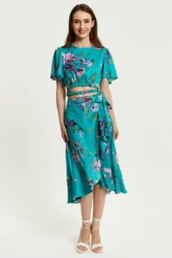 Skirts^Liquorish Floral Print Midi Wrap Skirt Green