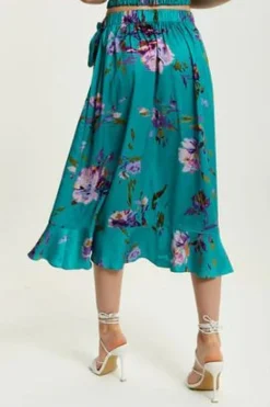 Skirts^Liquorish Floral Print Midi Wrap Skirt Green