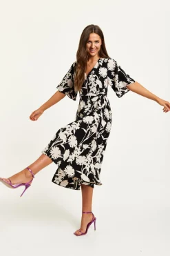 Midi Dresses^Liquorish Floral Print Midi Wrap Dress With Kimono Sleeves Black