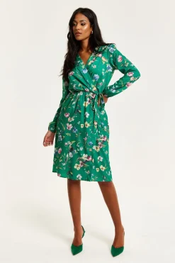 Midi Dresses^Liquorish Floral Print Midi Fake Wrap Dress Green
