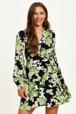 Mini Dresses^Liquorish Floral Print Mini Wrap Dress Green