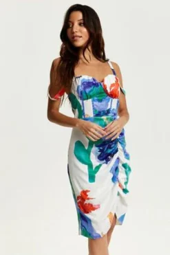 Mini Dresses^Liquorish Floral Print Ruched White Based Mini Dress Multicolor