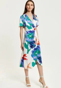 Midi Dresses^Liquorish Floral Print White Based Midi Wrap Dress Multicolor