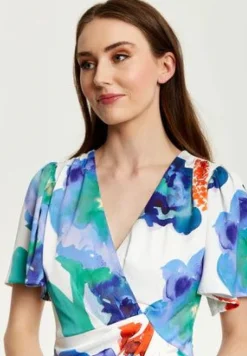 Midi Dresses^Liquorish Floral Print White Based Midi Wrap Dress Multicolor