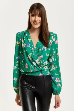 Blouses^Liquorish Floral Print Wrap Top Green