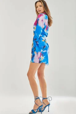 Mini Dresses^Liquorish Floral Satin Mini Wrap Dress Blue