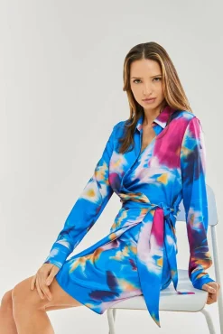 Mini Dresses^Liquorish Floral Satin Mini Wrap Dress Blue