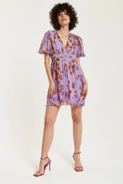 Mini Dresses^Liquorish Floral V Neck Mini Dress Purple