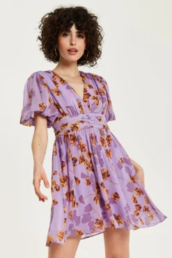 Mini Dresses^Liquorish Floral V Neck Mini Dress Purple