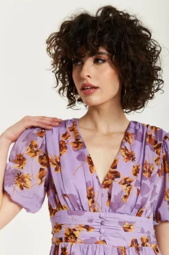 Mini Dresses^Liquorish Floral V Neck Mini Dress Purple