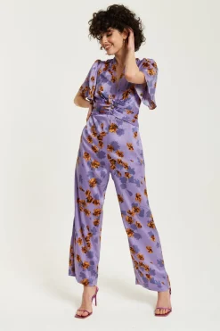 Jumpsuits^Liquorish Floral Wide Leg Jumpsuit With Angel Sleeves Purple