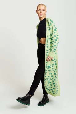 Cardigans^Liquorish Fluffy Longline Cardigan In Animal Print Green