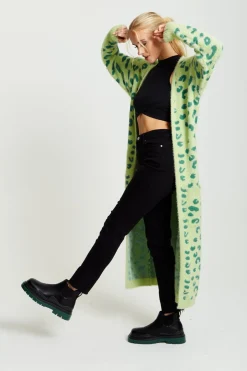 Cardigans^Liquorish Fluffy Longline Cardigan In Animal Print Green