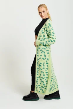 Cardigans^Liquorish Fluffy Longline Cardigan In Animal Print Green