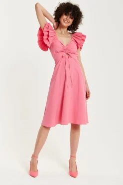 Midi Dresses^Liquorish Frill Sleeves Midi In With Ruching Front Pink