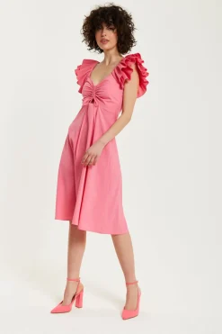Midi Dresses^Liquorish Frill Sleeves Midi In With Ruching Front Pink