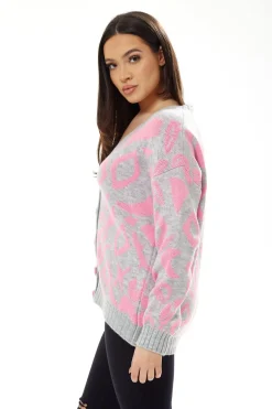 Cardigans^Liquorish Geometric Pattern Cardigan In Pink And Grey
