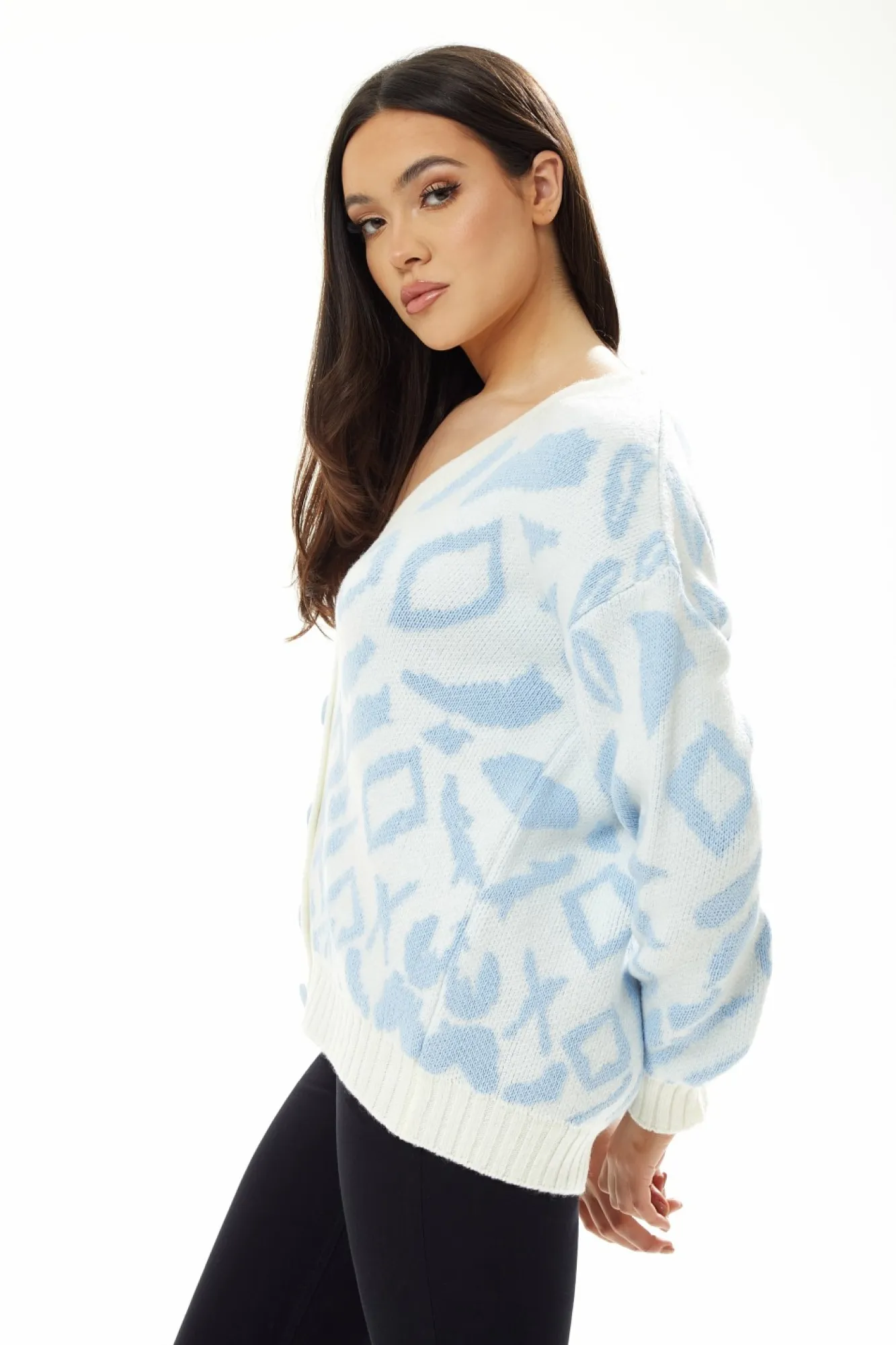 Cardigans^Liquorish Geometric Pattern Cardigan In Blue And White Bluewhite