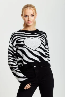Jumpers^Liquorish Heart Jumper In And White Zebra Pattern Black
