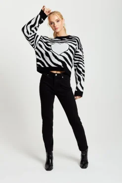 Jumpers^Liquorish Heart Jumper In And White Zebra Pattern Black
