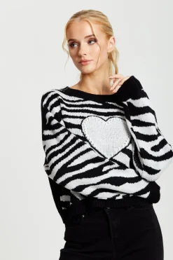 Jumpers^Liquorish Heart Jumper In And White Zebra Pattern Black