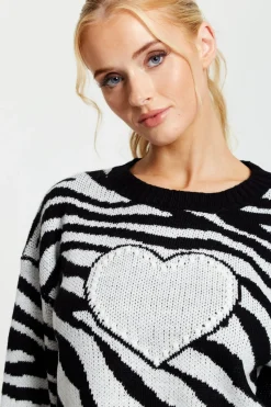 Jumpers^Liquorish Heart Jumper In And White Zebra Pattern Black