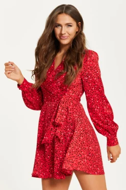 Mini Dresses^Liquorish Heart Print Mini Wrap Dress Red