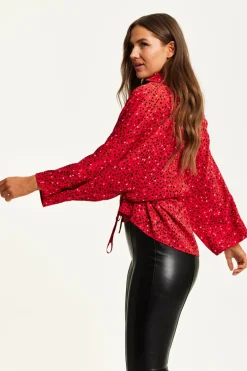 Long Sleeve Tops^Liquorish Heart Print Shirt With Long Sleeves And Tie Waist Red