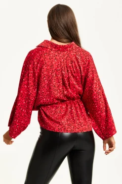 Long Sleeve Tops^Liquorish Heart Print Shirt With Long Sleeves And Tie Waist Red