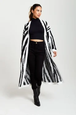Cardigans^Liquorish Longline Cardigan In Black And White Zebra Pattern Blackwhite