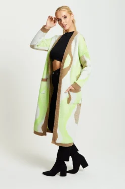 Cardigans^Liquorish Longline Cardigan In Brown, Green And White Multicolour