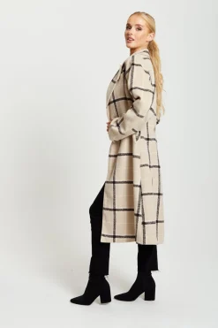 Outerwear^Liquorish Longline Check Coat Beige