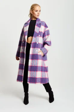 Outerwear^Liquorish Longline Coat In Pink And Navy Checks Pinknavy