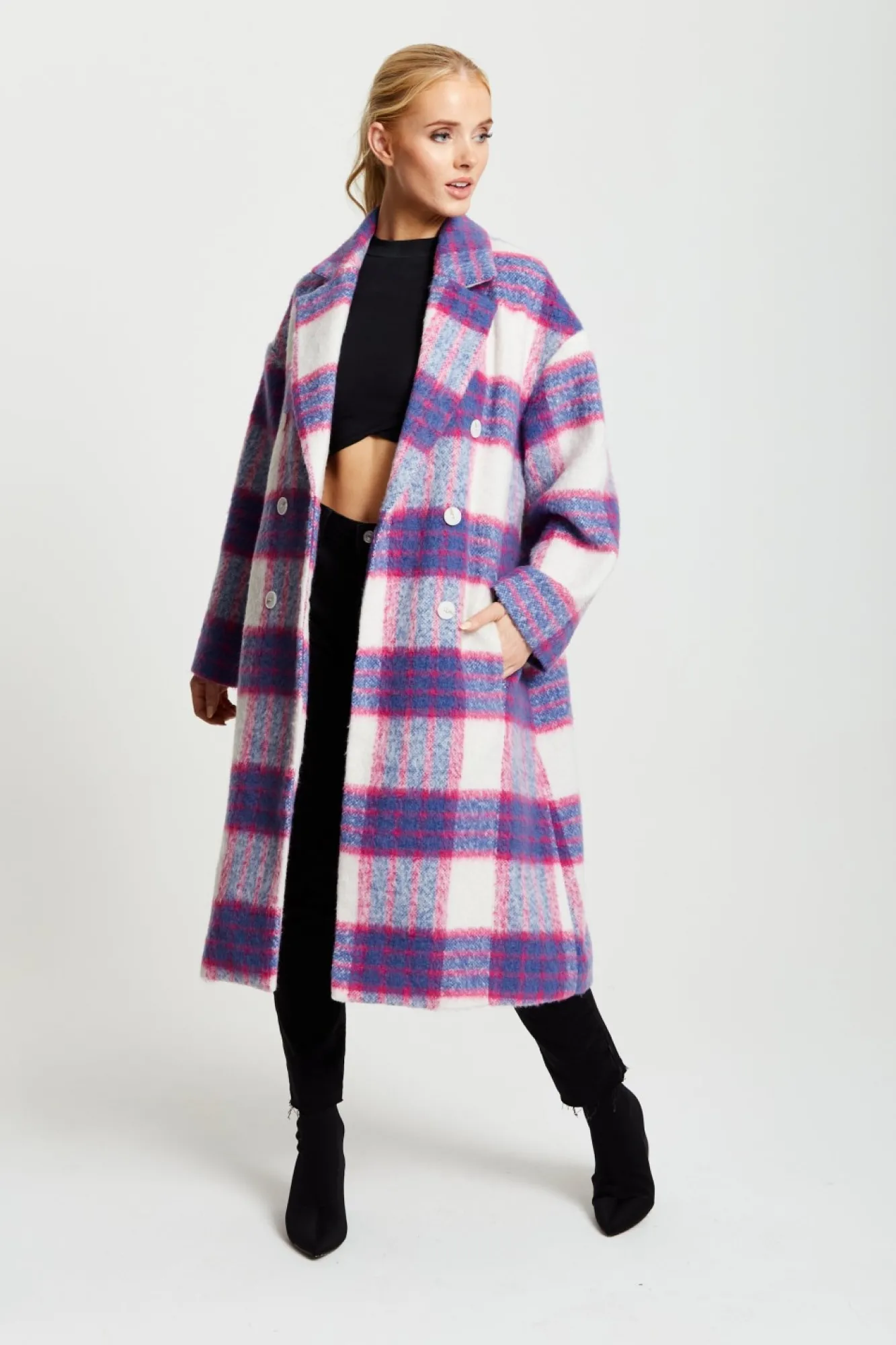 Outerwear^Liquorish Longline Coat In Pink And Navy Checks Pinknavy