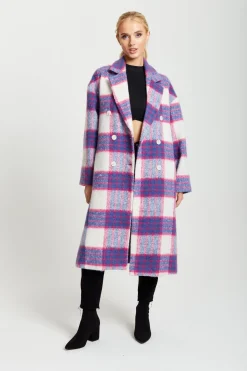 Outerwear^Liquorish Longline Coat In Pink And Navy Checks Pinknavy