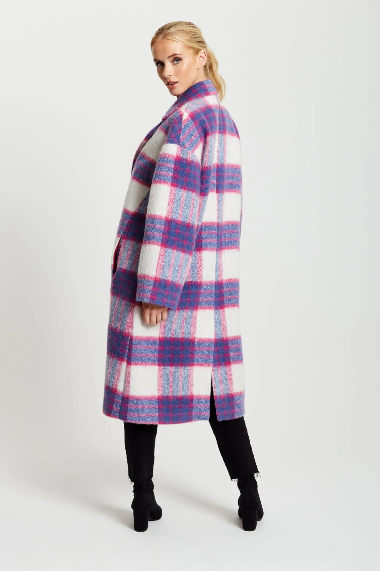 Outerwear^Liquorish Longline Coat In Pink And Navy Checks Pinknavy