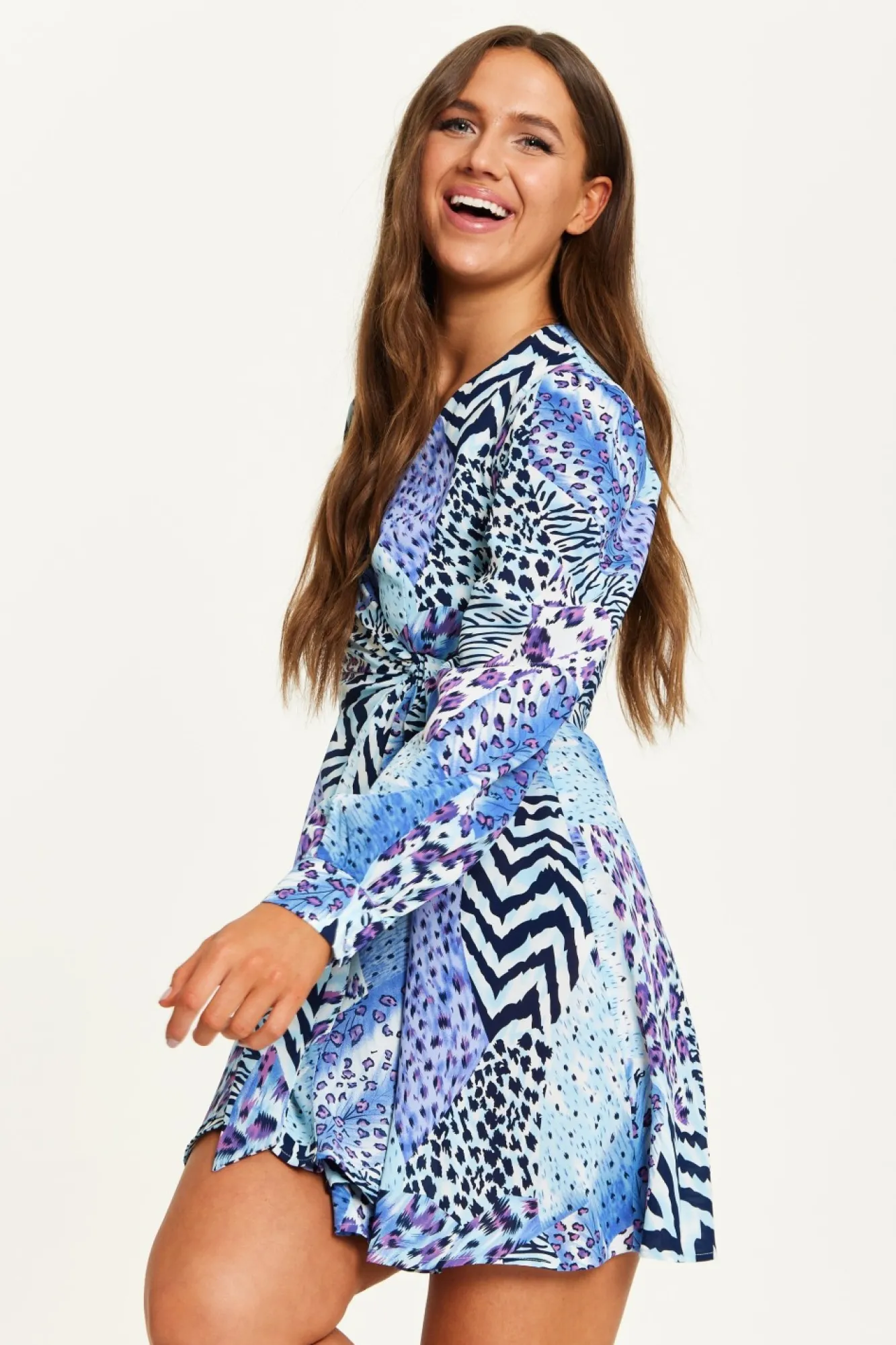 Mini Dresses^Liquorish Mixed Animal Print Mini Wrap Dress Blue