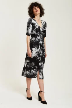 Midi Dresses^Liquorish Mono Abstract Print Knot Front Midi Dress Multicolour