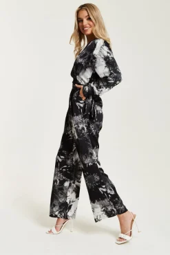 Jumpsuits^Liquorish Mono Abstract Print Jumpsuit With Long Sleeves Multicolour