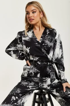 Jumpsuits^Liquorish Mono Abstract Print Jumpsuit With Long Sleeves Multicolour