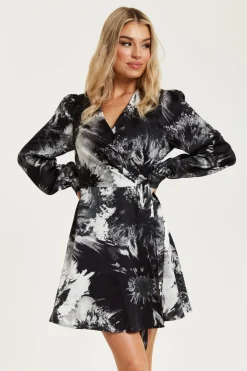 Mini Dresses^Liquorish Mono Abstract Print Mini Wrap Dress Multicolour